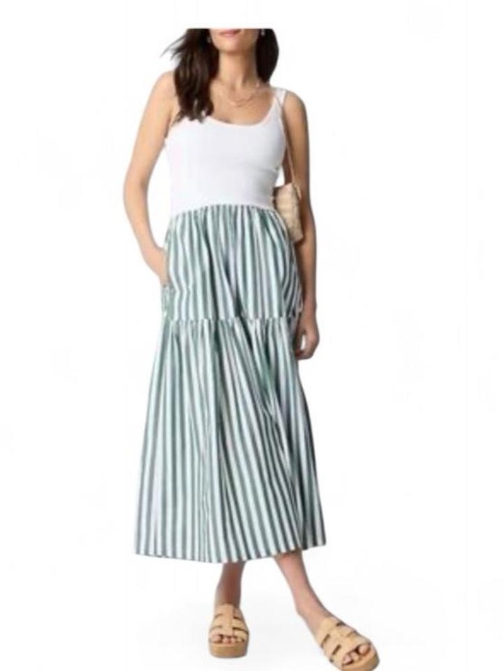 J. Crew Tiered Green and White Striped Maxi Dress
